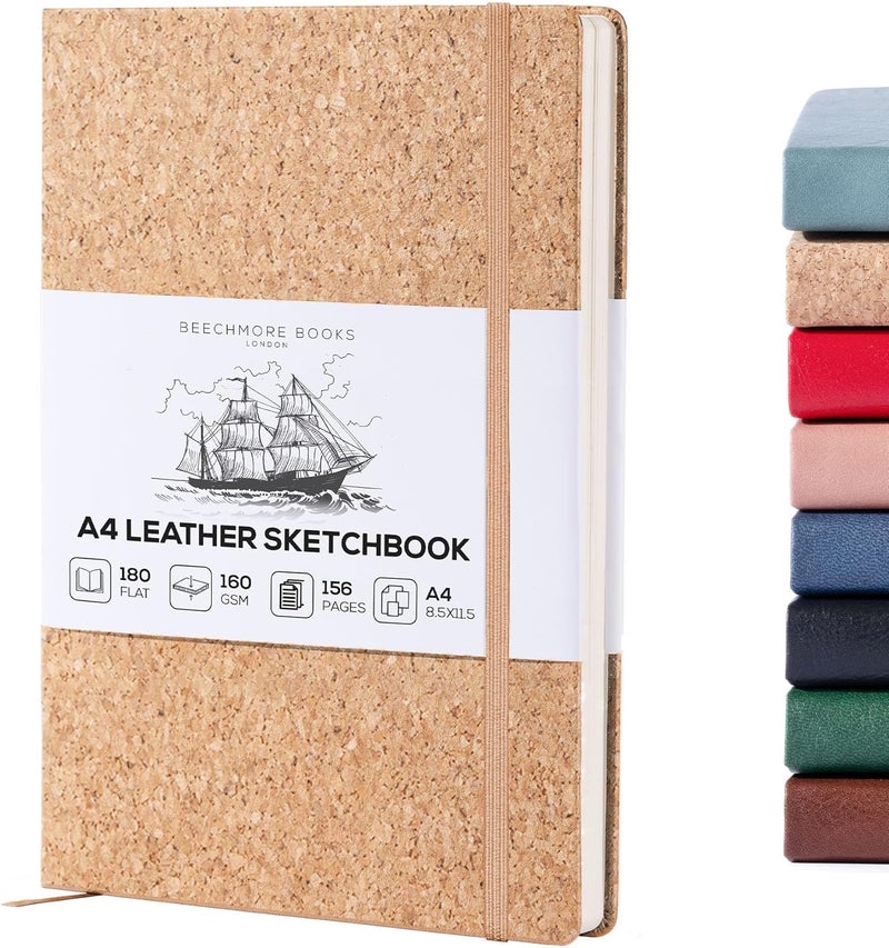 Beechmore Books دفتر رسم A4 – 8.5x11 جلد نباتي فاخر كبير مع 156 صفحة سميكة 160gsm بيج كريم مثقبة، دفتر رسم فارغ، مع صندوق هدايا، جيب خلفي، علامة مرجعية من الشريط - Image 1